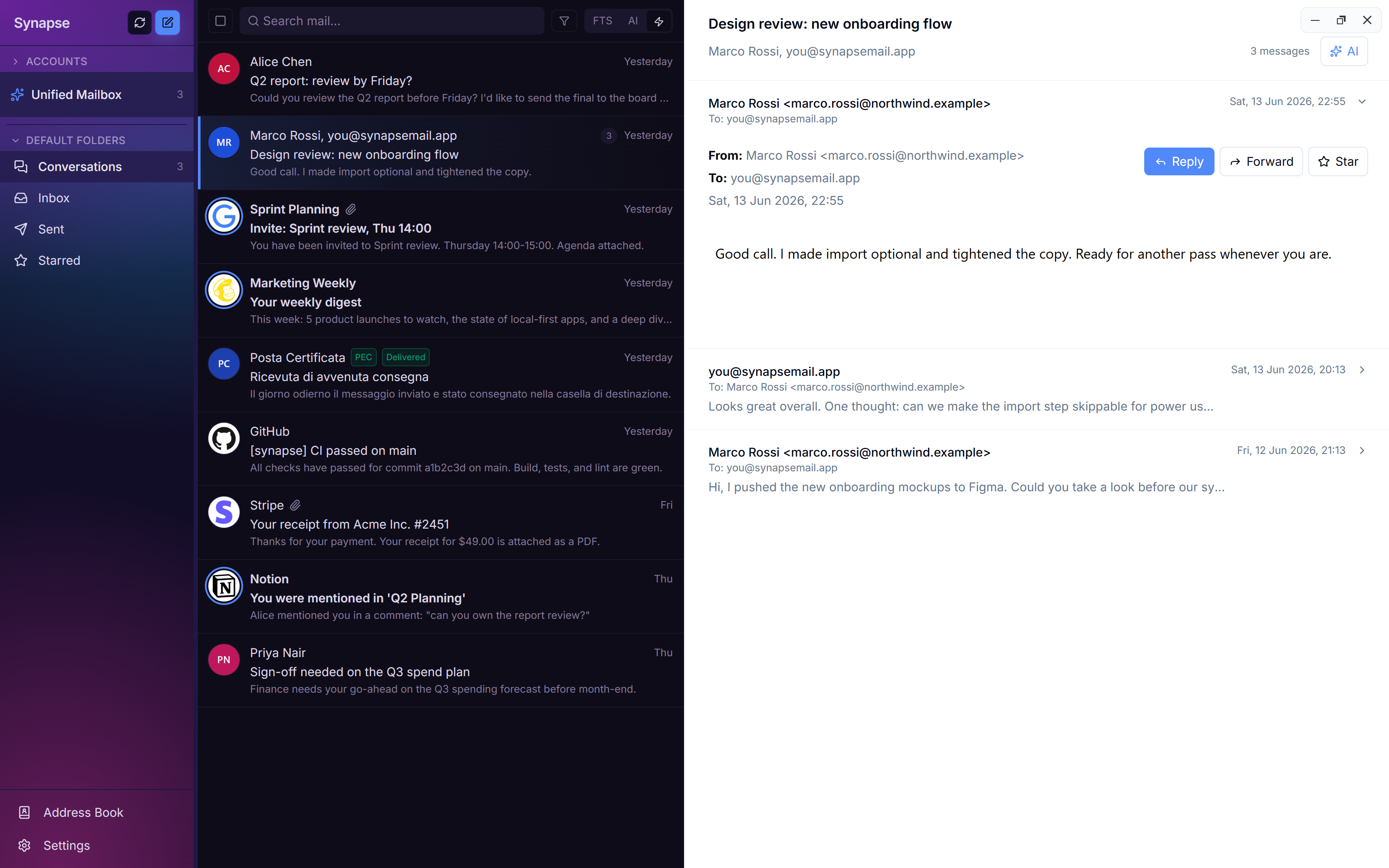 Synapse unified inbox with an open conversation thread, push mail, and a PEC certified message