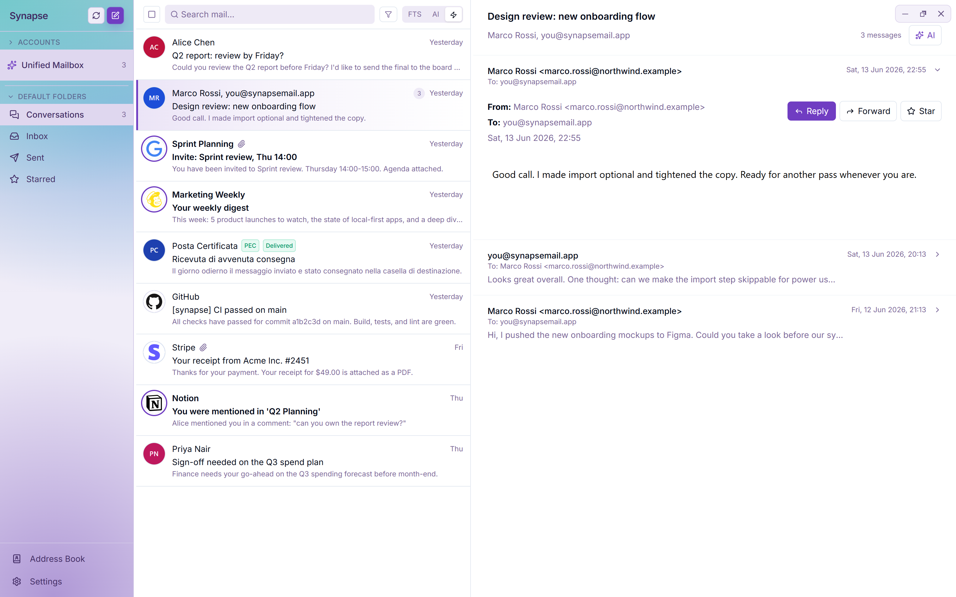 Synapse unified inbox with an open conversation thread, push mail, and a PEC certified message