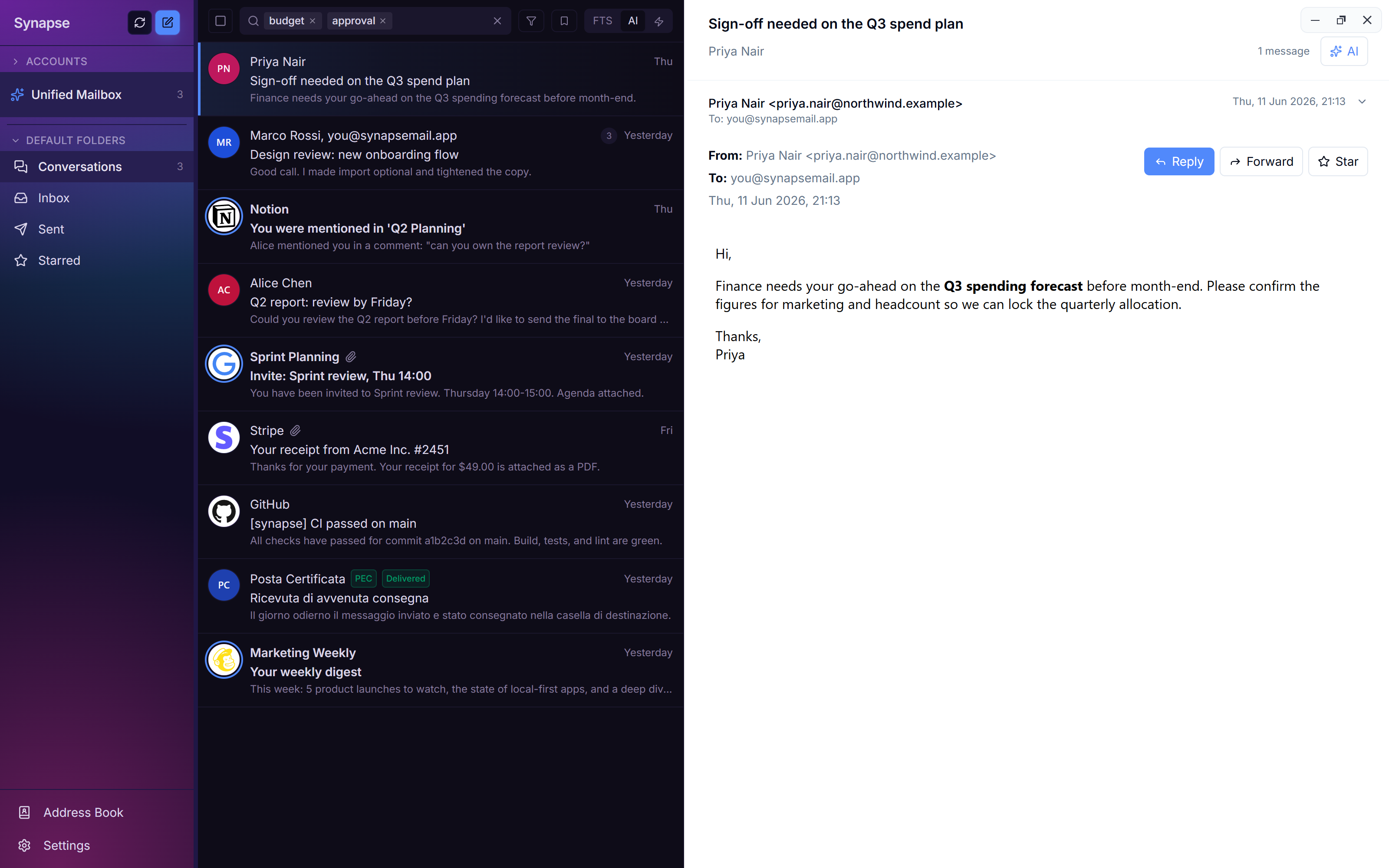 Synapse search for 'budget approval' ranking a 'Q3 spending forecast' email first, a semantic match that never contains the typed words