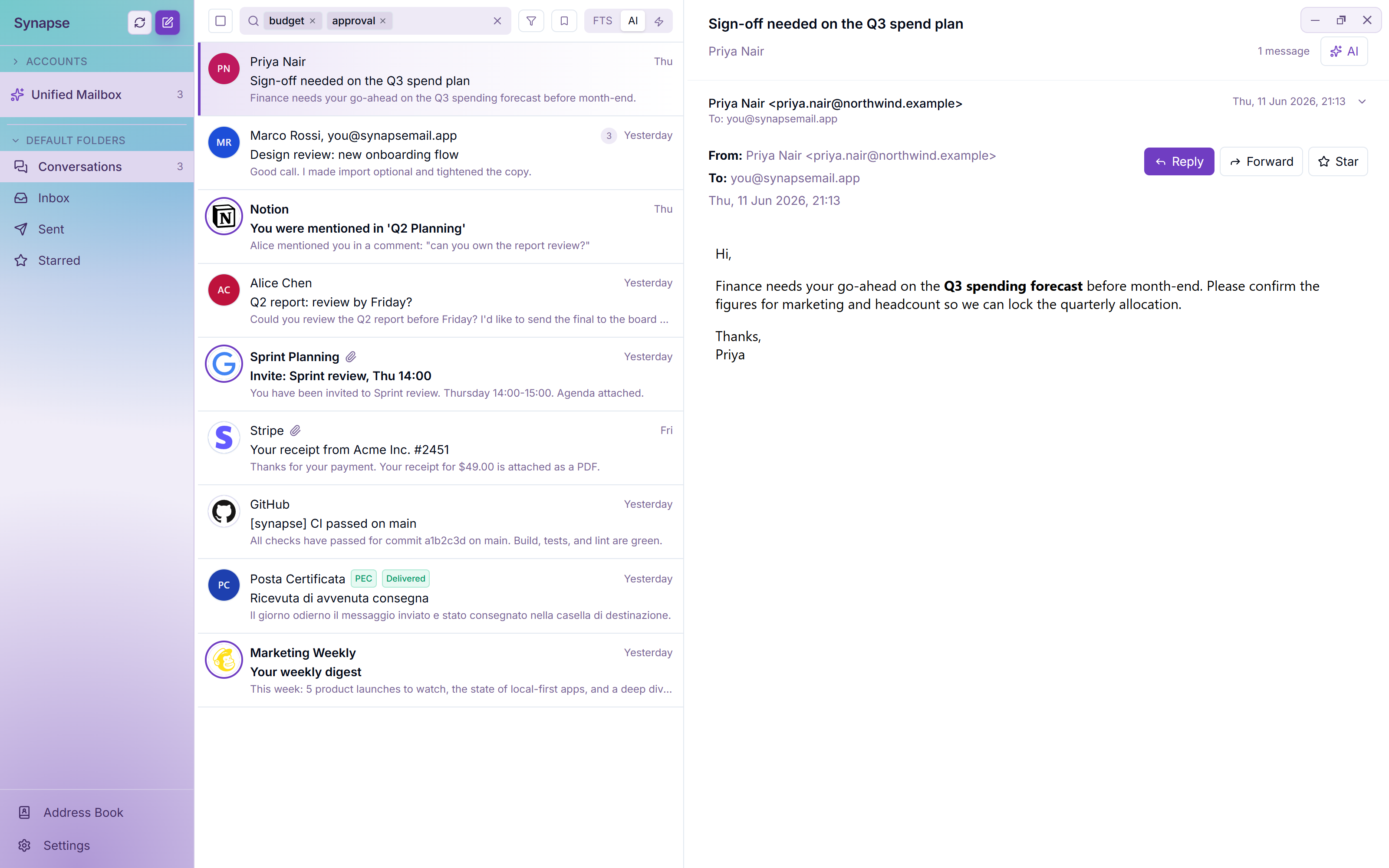 Synapse search for 'budget approval' ranking a 'Q3 spending forecast' email first, a semantic match that never contains the typed words