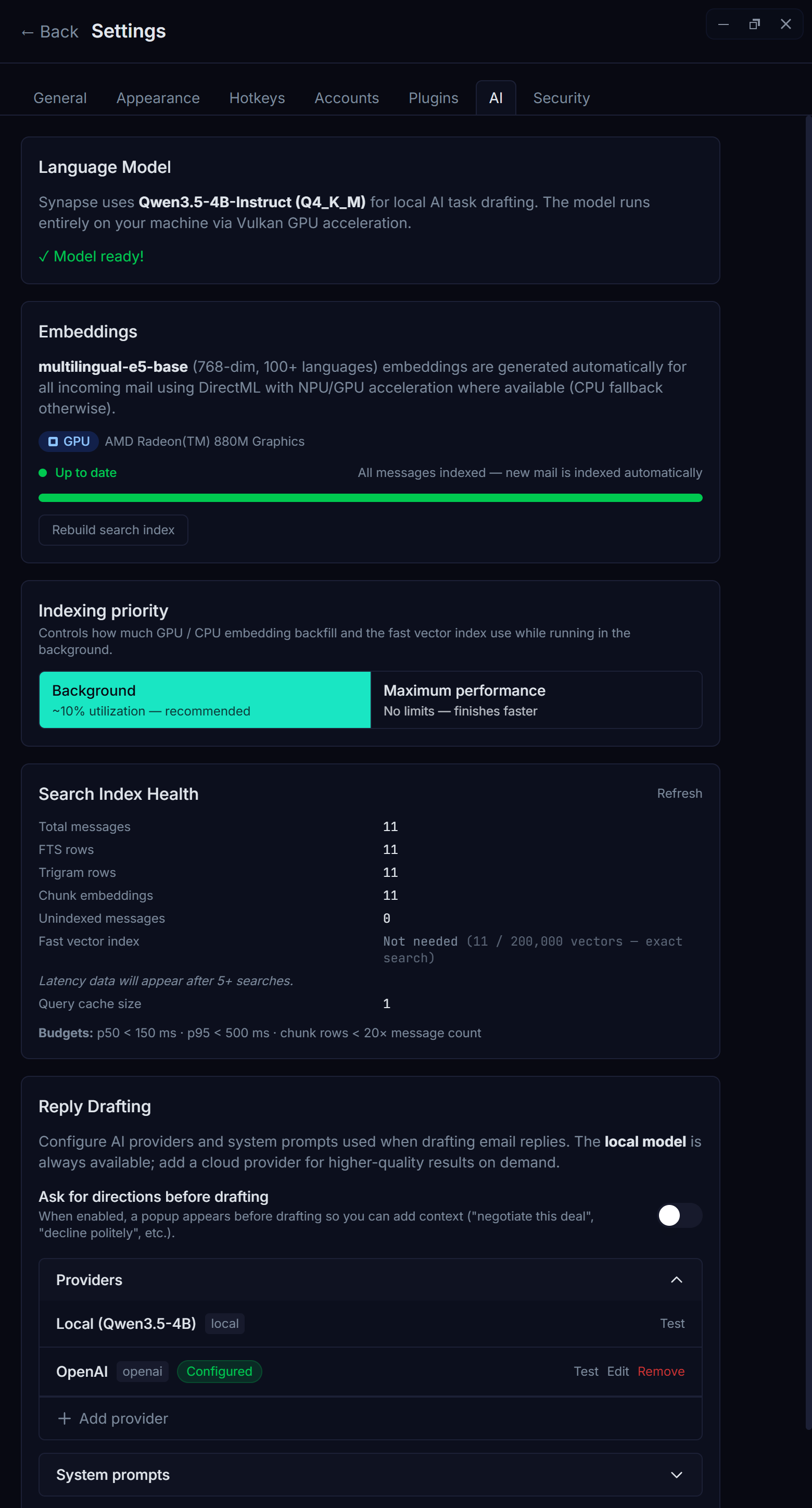 Synapse Settings, AI tab: the local Qwen3.5-4B model marked ready, on-device embeddings on the GPU, and a configured OpenAI BYOK provider