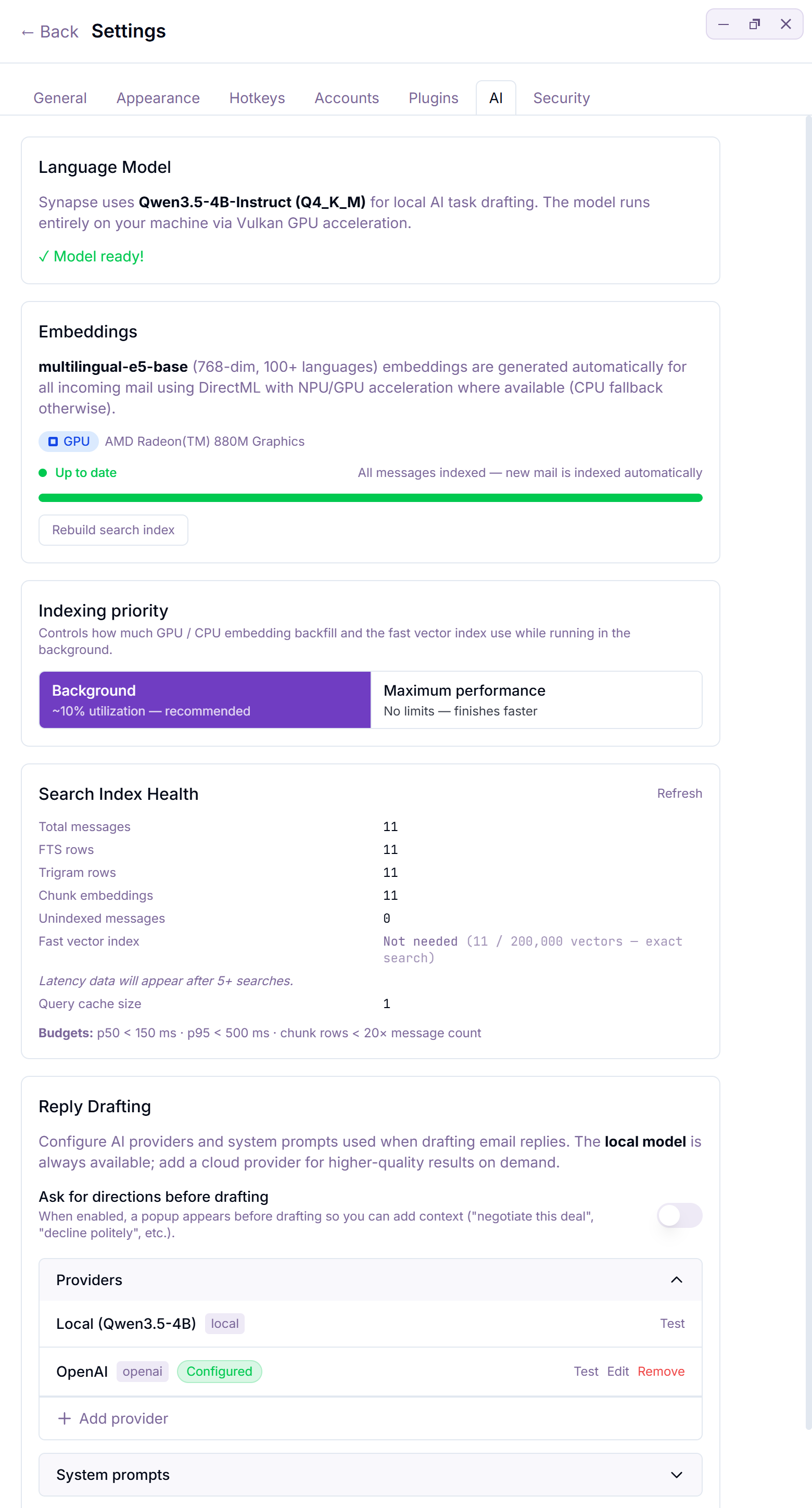 Synapse Settings, AI tab: the local Qwen3.5-4B model marked ready, on-device embeddings on the GPU, and a configured OpenAI BYOK provider